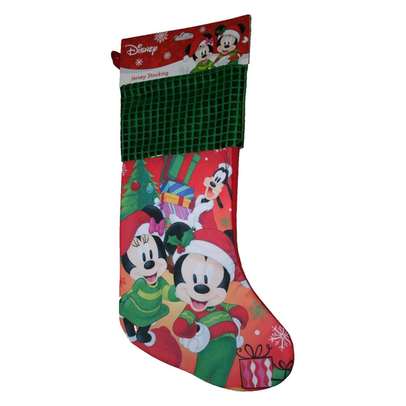 Disney Christmas Mickey Minnie Goofy 15.5" Satin w/Green Sequins Stocking by RUZ - Picture 1 of 2